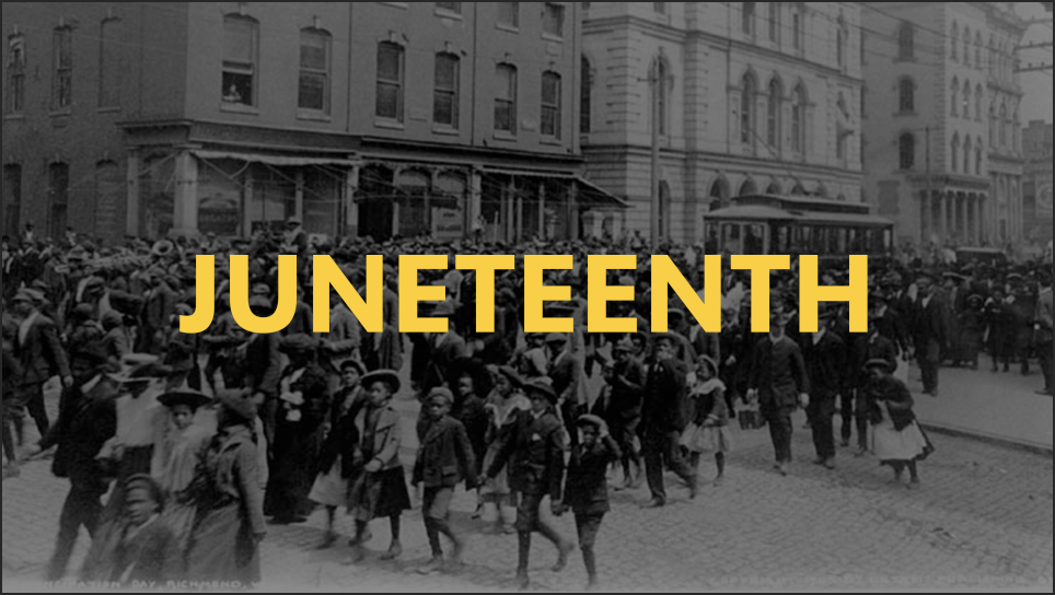 black and white image of people marching with word Juneteenth over image in yellow 