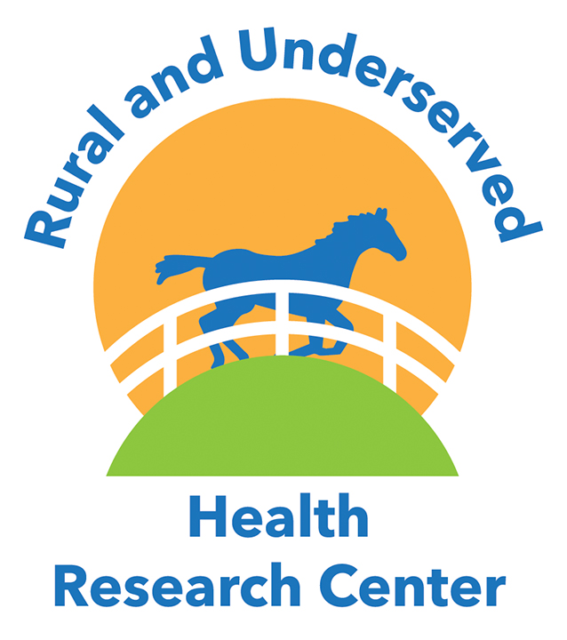 graphic logo with yellow sun, royal blue horse running in front of it on a green hill. Blue text reads Rural and Underserved Health Research Center
