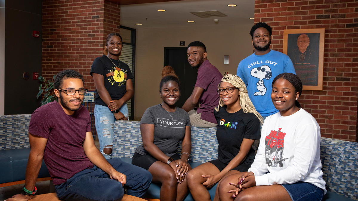 group of seven black students who are part of the National Society of Black Engineers 