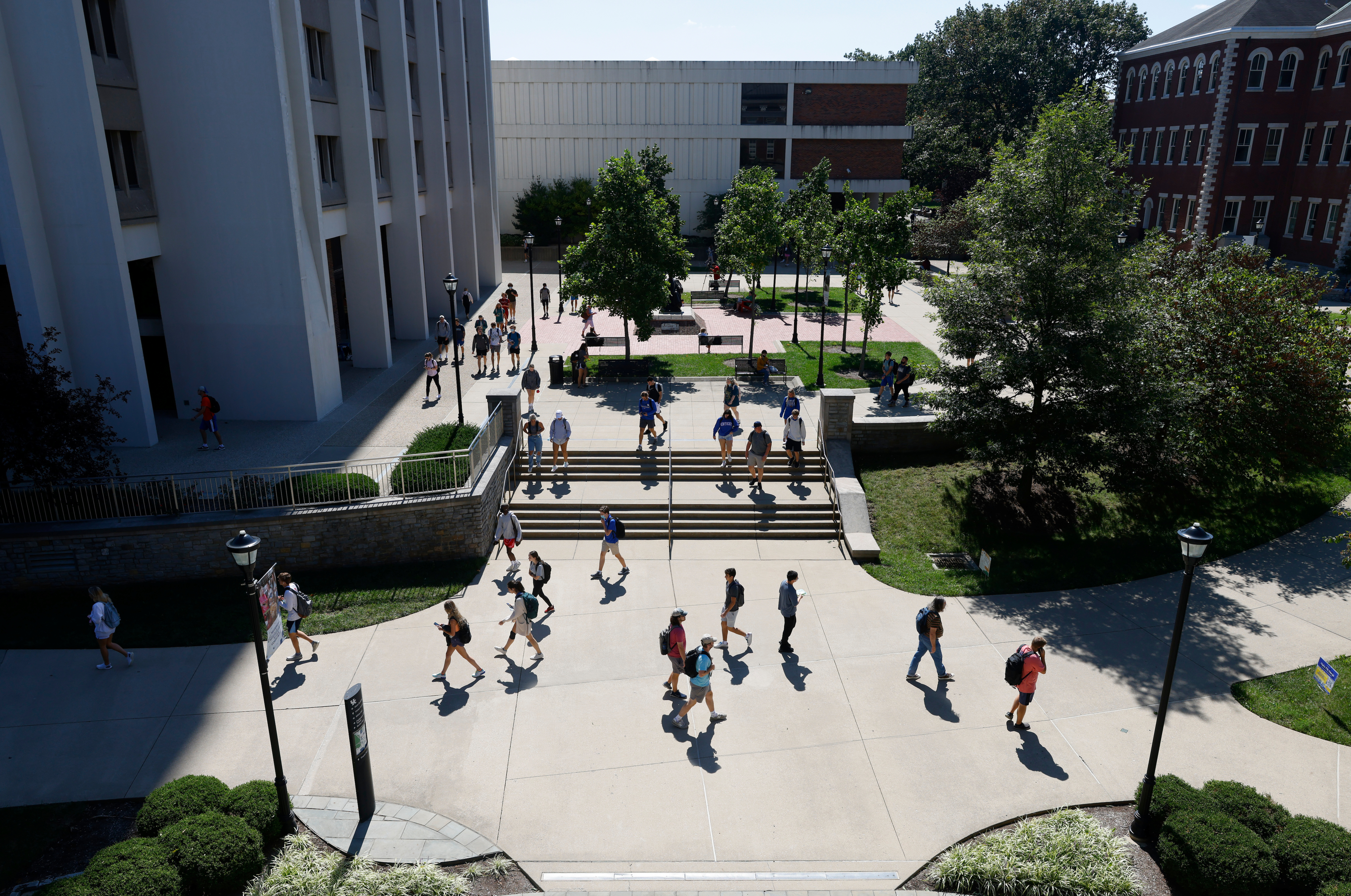 aerial view of students walking on campus 