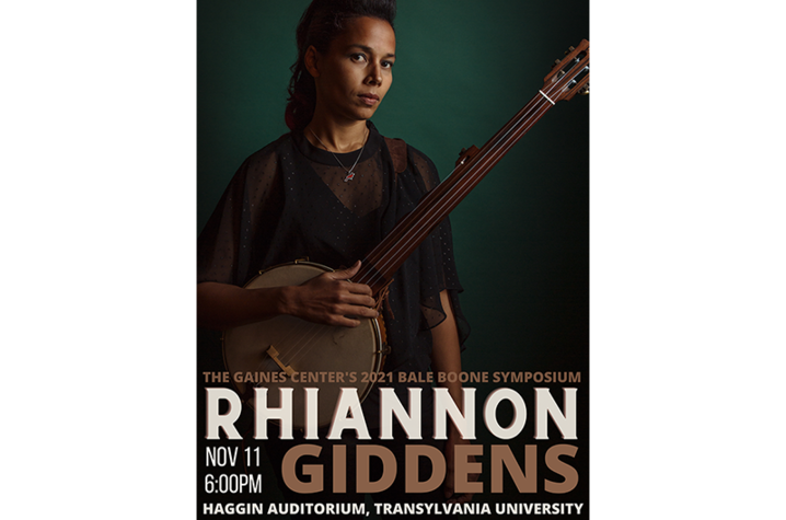 poster of woman holding banjo with her name Rhiannon Giddens