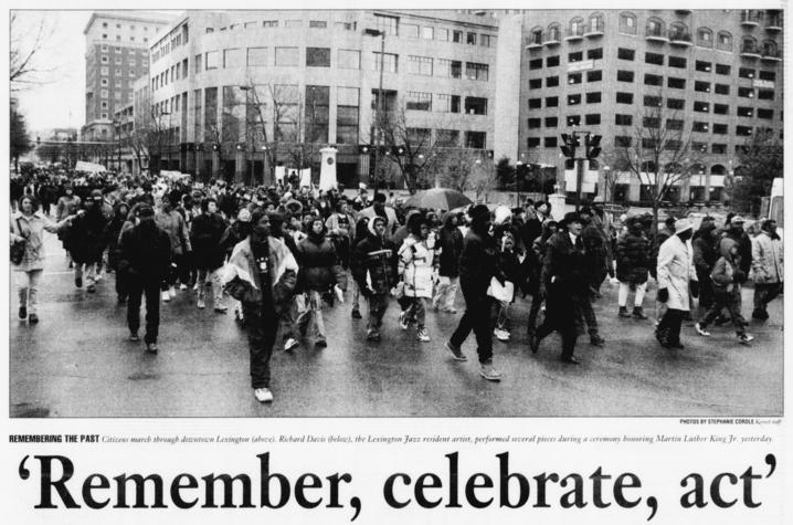 black and white photo from news clipping; heading reads "Remember, celebrate, act"