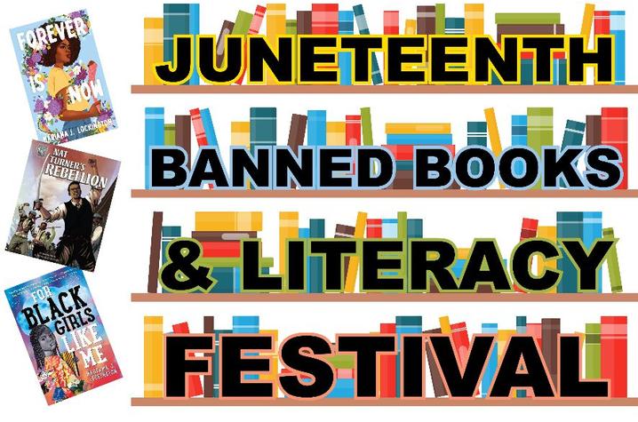 graphic with cartoon bookshelf and the words "Juneteenth Banned Books and Literacy Festival" over bookshelf