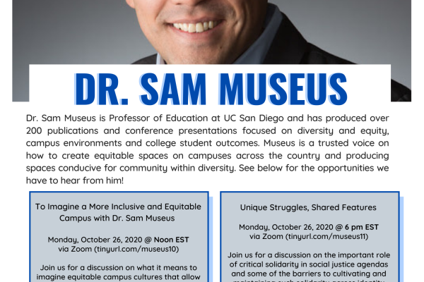 Flyer of Dr. Sam Museus' presentations