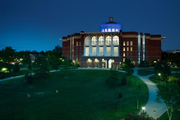 image of library lit up blue 