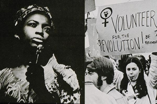 black and white images from the 1969 UK yearbook depicting women advocating