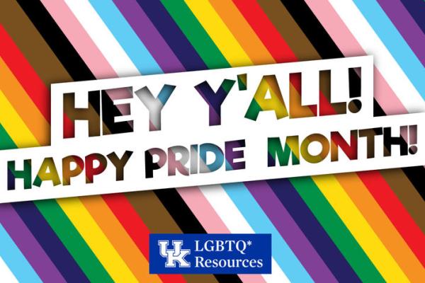 rainbow graphic banner saying hey y'all, happy pride month