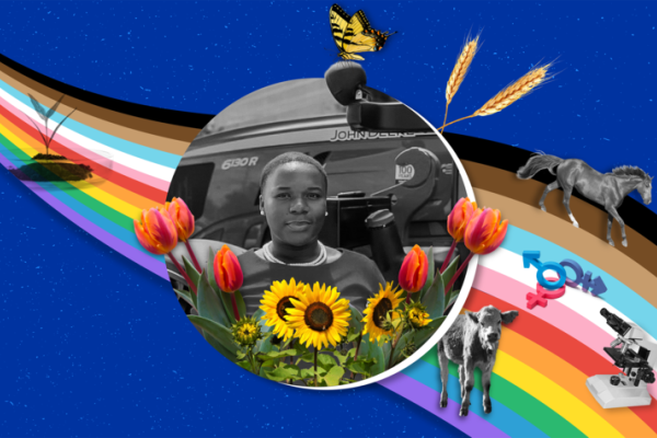 visual graphic with rainbow, sunflowers, butterflies and image of student in black and white