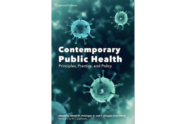 image of book cover with virus renditions. Title reads Contemporary Public Health. Principles, Practice and Policy