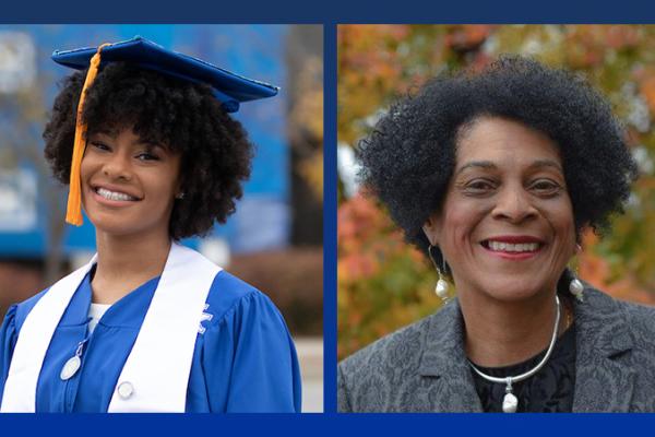 two headshots of women -- one in cap and gown, the other in a blazer 