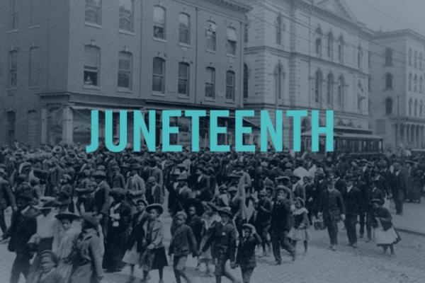 Black and white image of Black individuals on a march with the word Juneteenth in teal over the image