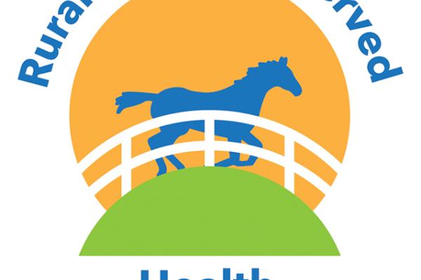 graphic logo with yellow sun, royal blue horse running in front of it on a green hill. Blue text reads Rural and Underserved Health Research Center