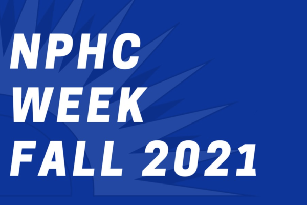 Blue graphic with white writing reading NPHC Week Fall 2021 in white letters