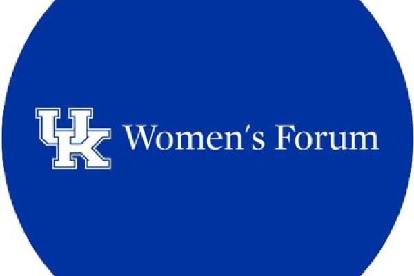 blue circle logo with UK logo and Women's Forum in white in the center of the circle