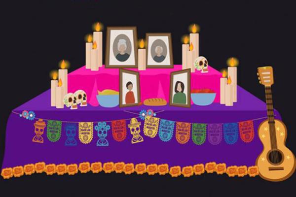 cartoon image of a Día de Los Muertos altar