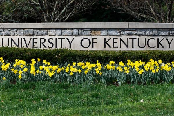 Short stone wall reading University of Kentucky with yellow daffodils in front 