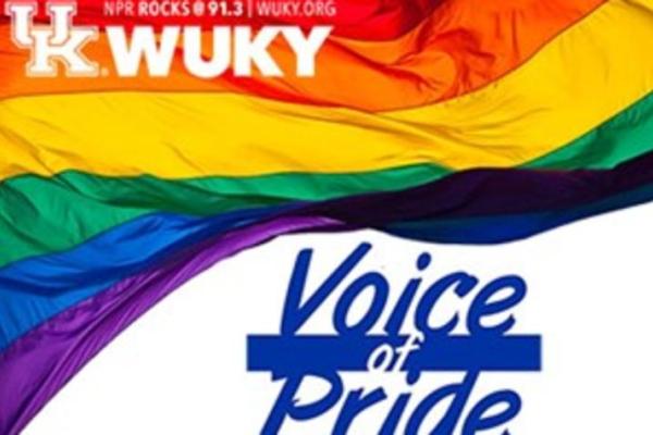 Graphic of rainbow pride flag with blue words reading Voice of Pride 