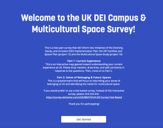 Blue background with white text reading Welcome to the UK DEI Campus and Multicultural Space Survey