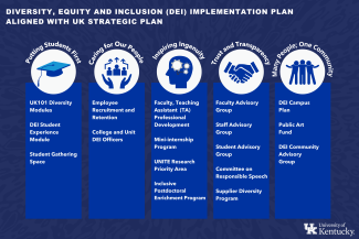 graphic listing the 17 initiatives of the DEI Implementation Plan under their relative strategic principle