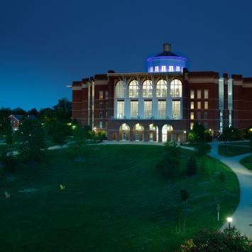 image of library lit up blue 