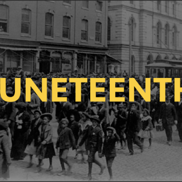black and white image of people marching with word Juneteenth over image in yellow 