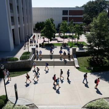 aerial view of students walking on campus 